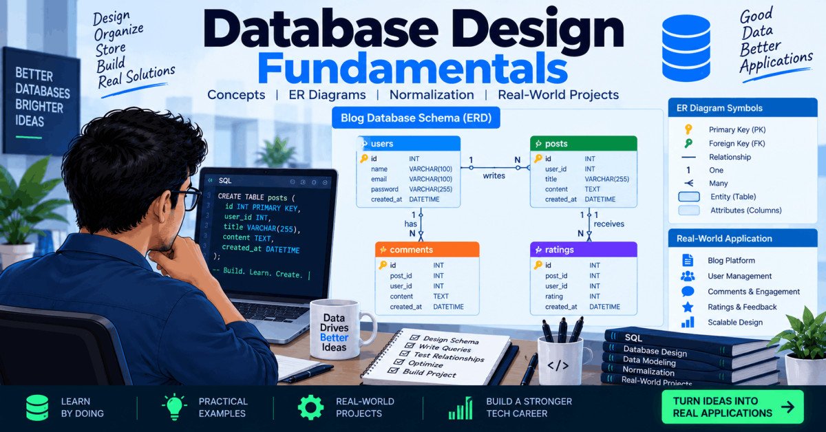 Database design fundamentals course showing blog schema ERD diagram with tables, relationships, and normalization concepts.