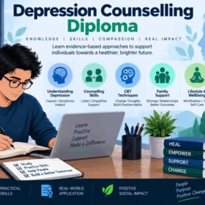 Illustration of a student studying mental health for depression counselling diploma online.