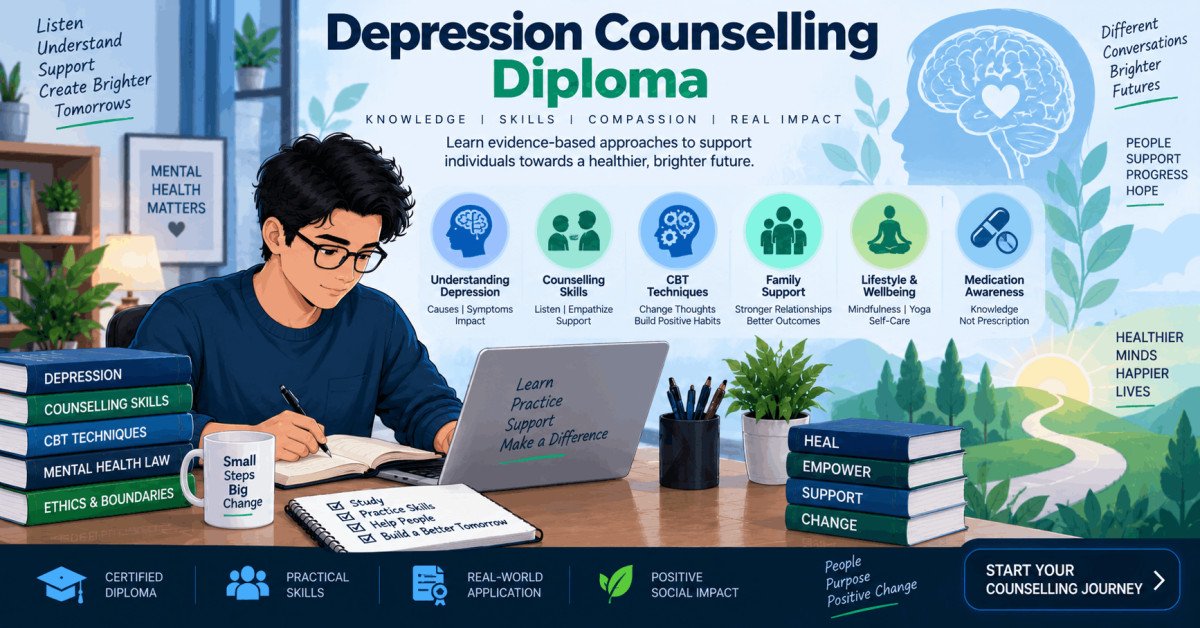 Illustration of a student studying mental health for depression counselling diploma online.