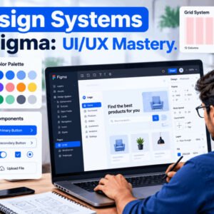 Illustration of a designer building design systems in Figma with UI/UX elements like grids, colors, and typography.