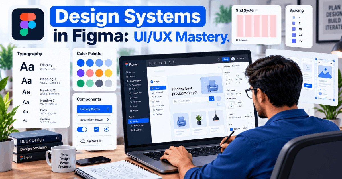 Illustration of a designer building design systems in Figma with UI/UX elements like grids, colors, and typography.