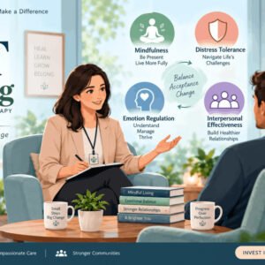 illustration showing dialectical behavior therapy training concepts with DBT skills icons and mental health support visuals