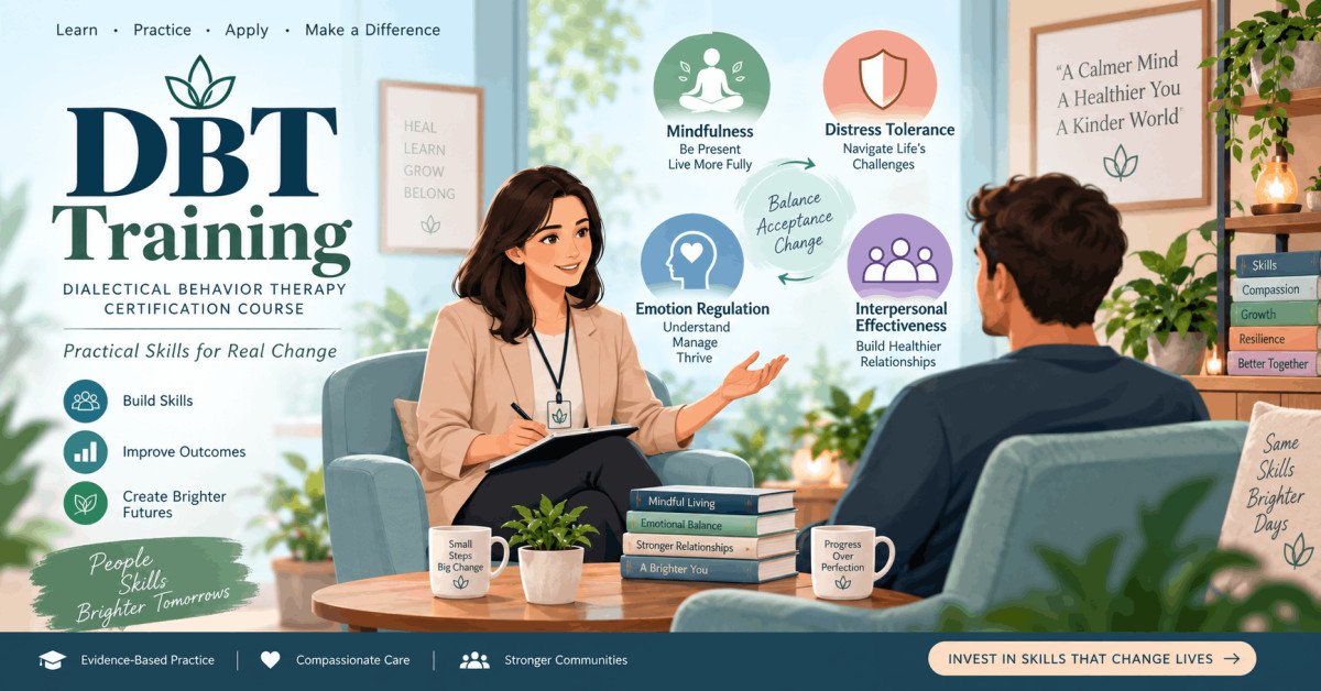 illustration showing dialectical behavior therapy training concepts with DBT skills icons and mental health support visuals