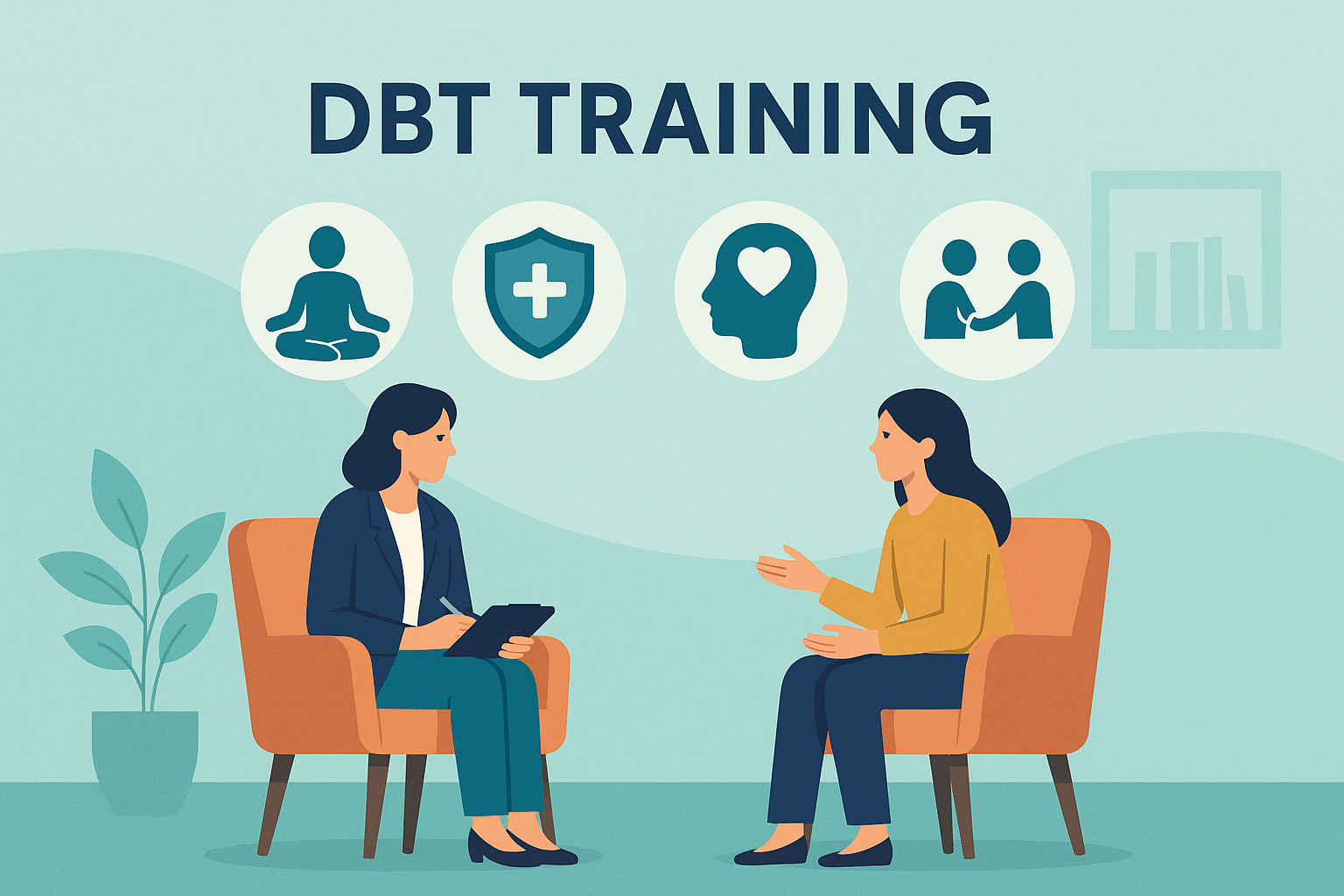 illustration showing dialectical behavior therapy training concepts with DBT skills icons and mental health support visuals