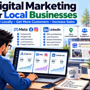 Digital marketing for local businesses course illustration with Google, Meta, and LinkedIn ads visuals.