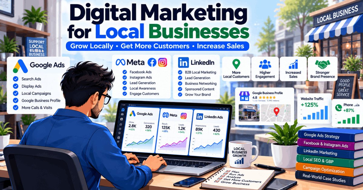 Digital marketing for local businesses course illustration with Google, Meta, and LinkedIn ads visuals.