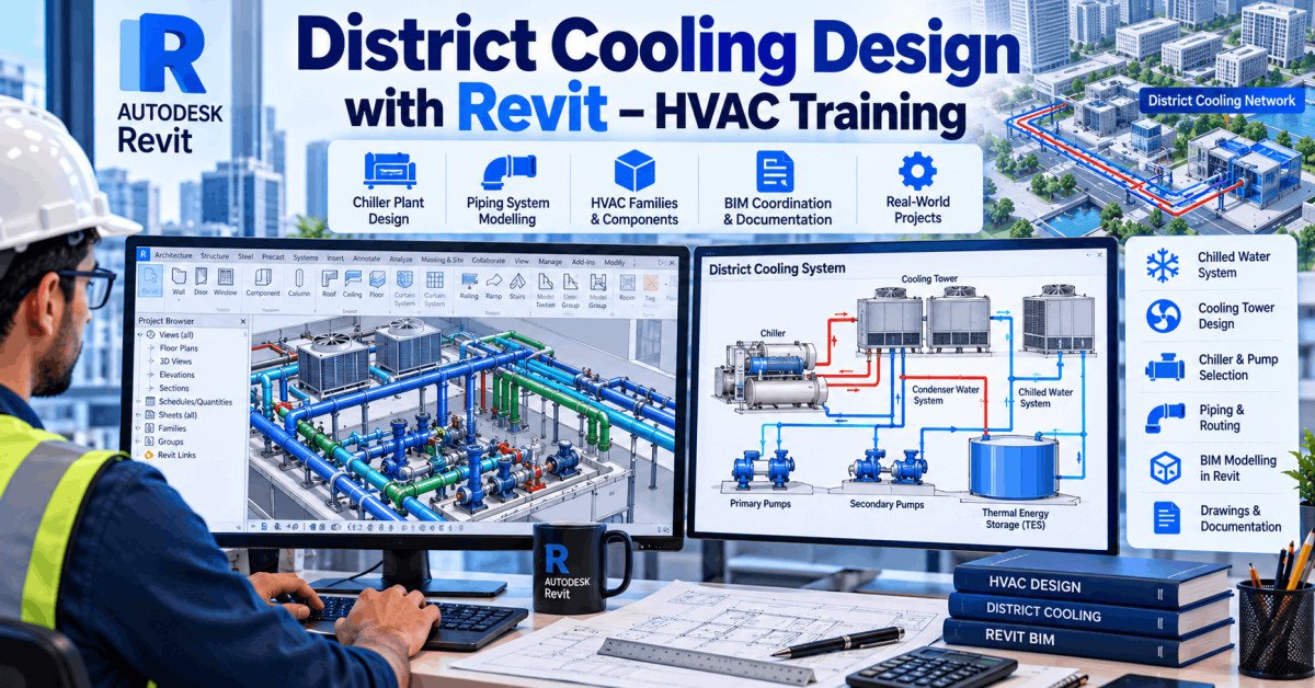Advanced district cooling system design in Revit showing chiller plants, pumps, and cooling towers for HVAC projects