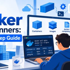 Beginner-friendly Docker course image showing containers, images, and Docker Compose setup for learning Docker step by step