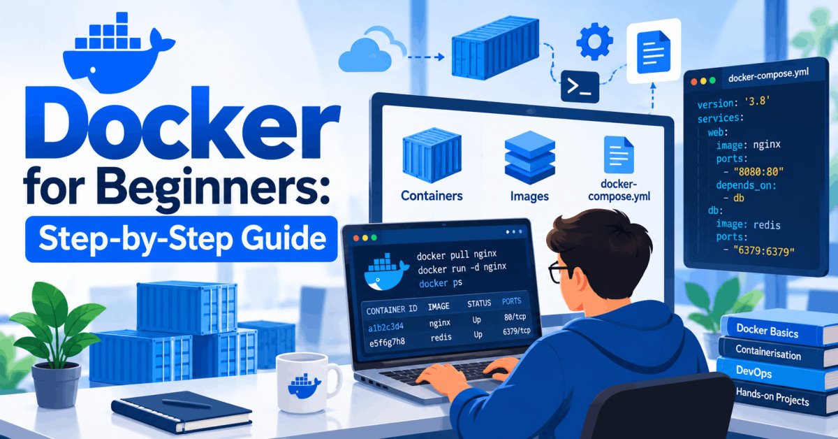 Beginner-friendly Docker course image showing containers, images, and Docker Compose setup for learning Docker step by step