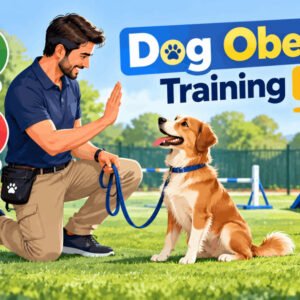 Dog obedience training course with instructor teaching basic commands to a happy dog.