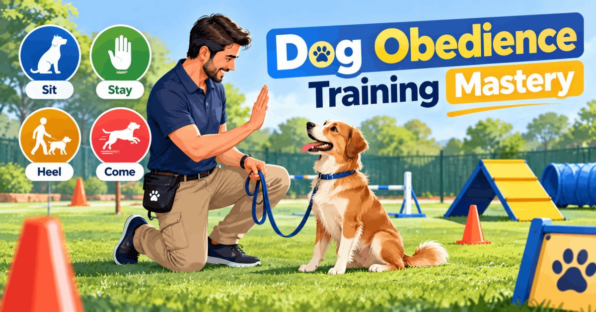 Dog obedience training course with instructor teaching basic commands to a happy dog.