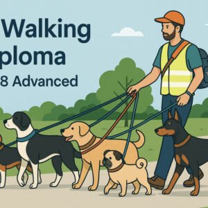 Dog Walking Diploma Level 8 illustration showing professional dog walker with multiple dogs.