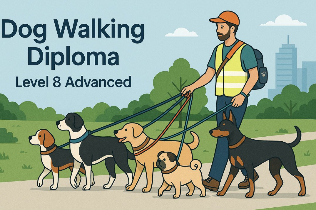 Dog Walking Diploma Level 8 illustration showing professional dog walker with multiple dogs.