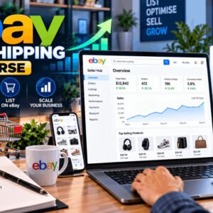Professional dropshipper working on eBay listings, planning sales strategy, using laptop and analytics dashboard