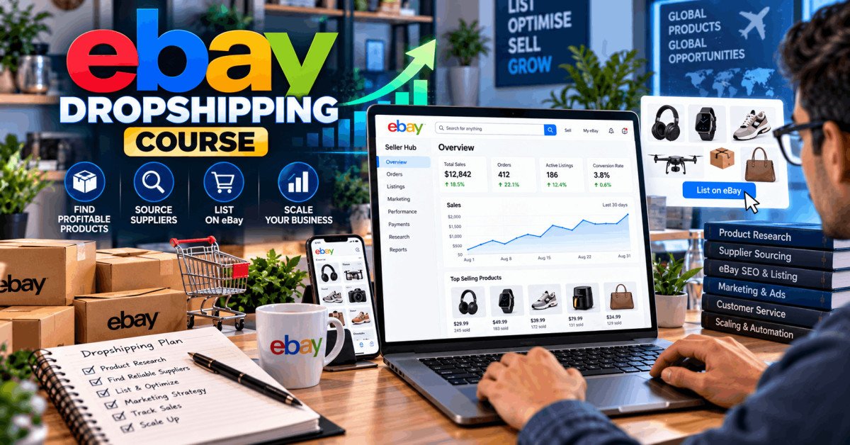 Professional dropshipper working on eBay listings, planning sales strategy, using laptop and analytics dashboard