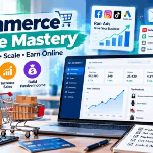 Ecommerce income mastery course cover showing online store growth and digital marketing strategies.