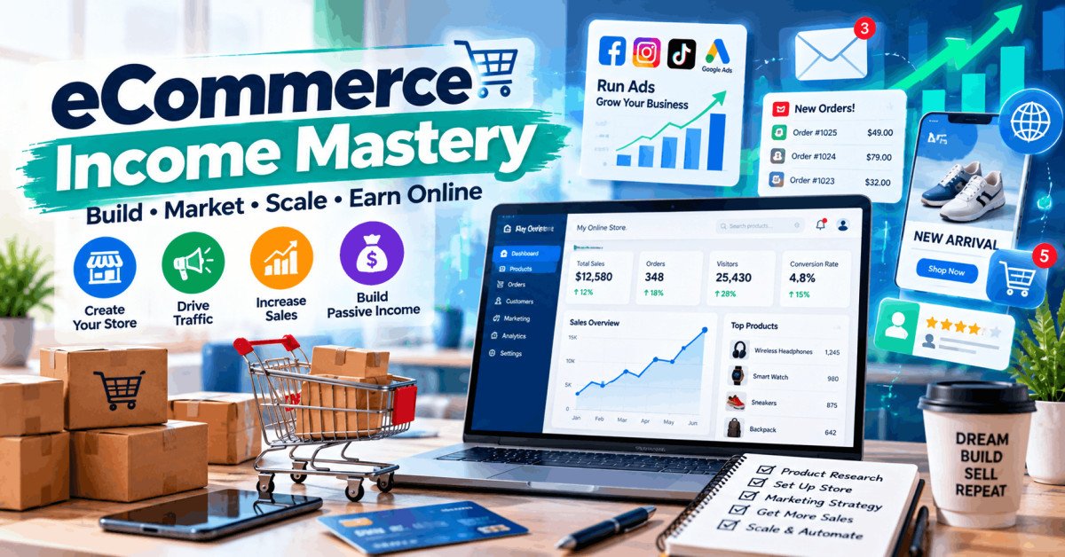 Ecommerce income mastery course cover showing online store growth and digital marketing strategies.