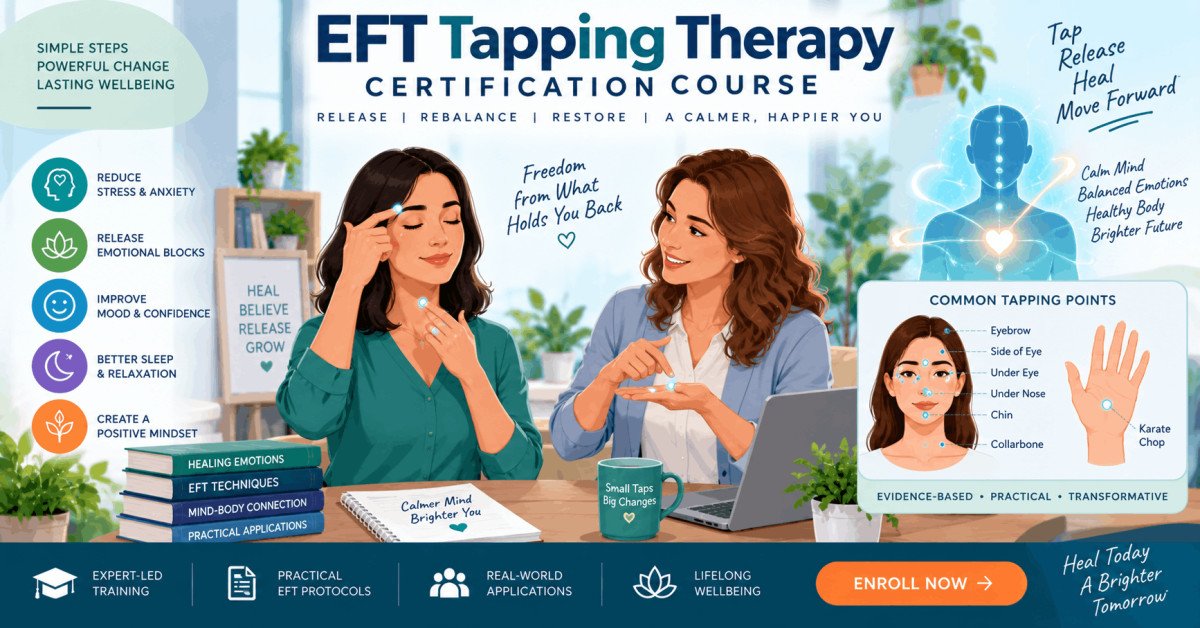 Illustration of EFT tapping therapy session with practitioner and client, highlighting tapping points.