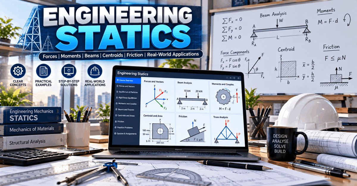 Laptop displaying engineering statics diagrams and force analysis, covering equilibrium, centroid, and mechanical systems.