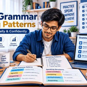 Student practicing english grammar speaking patterns with notes and laptop