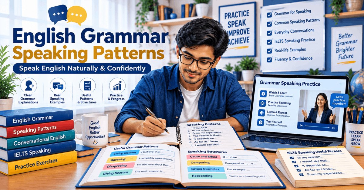 Student practicing english grammar speaking patterns with notes and laptop