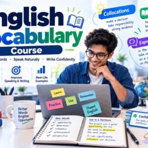English vocabulary course with 300+ essential words, collocations, and practice activities for fluency