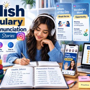 Student learning English vocabulary idioms and pronunciation with IG stories for fluency.
