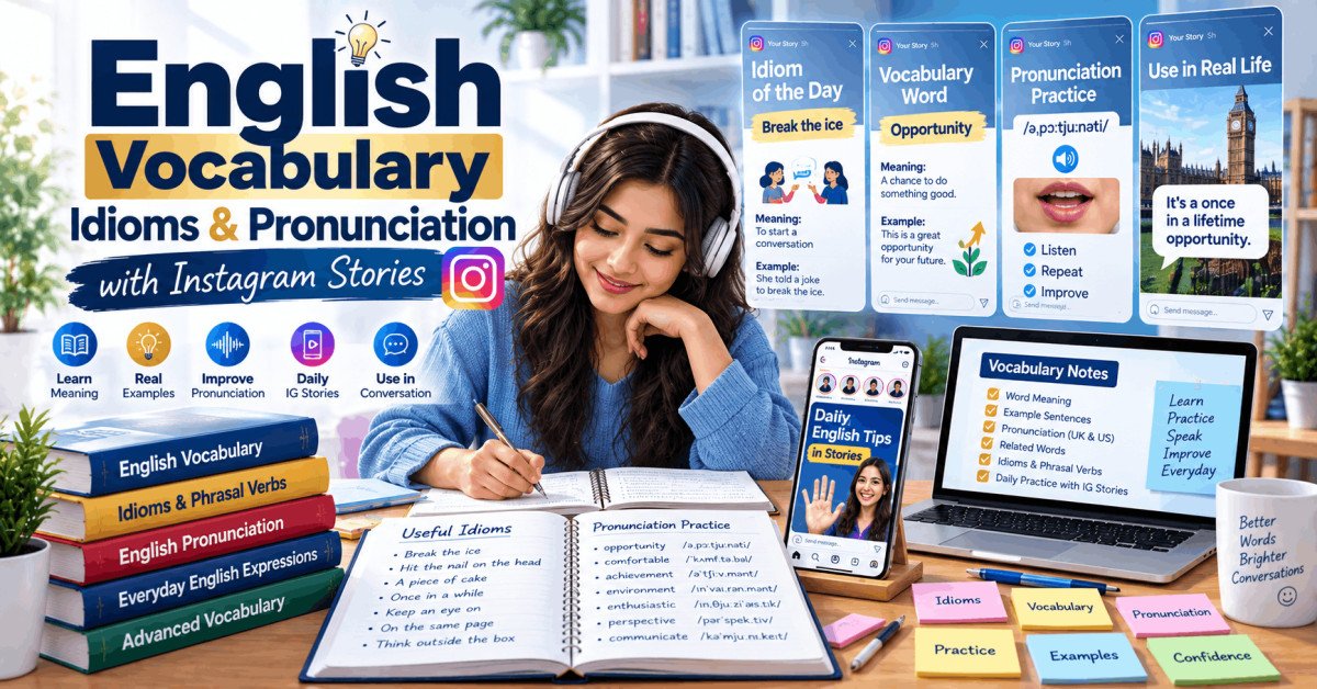 Student learning English vocabulary idioms and pronunciation with IG stories for fluency.