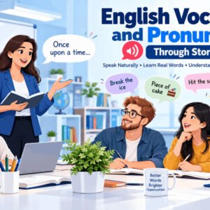 Illustration of students improving English vocabulary and pronunciation through story practice.