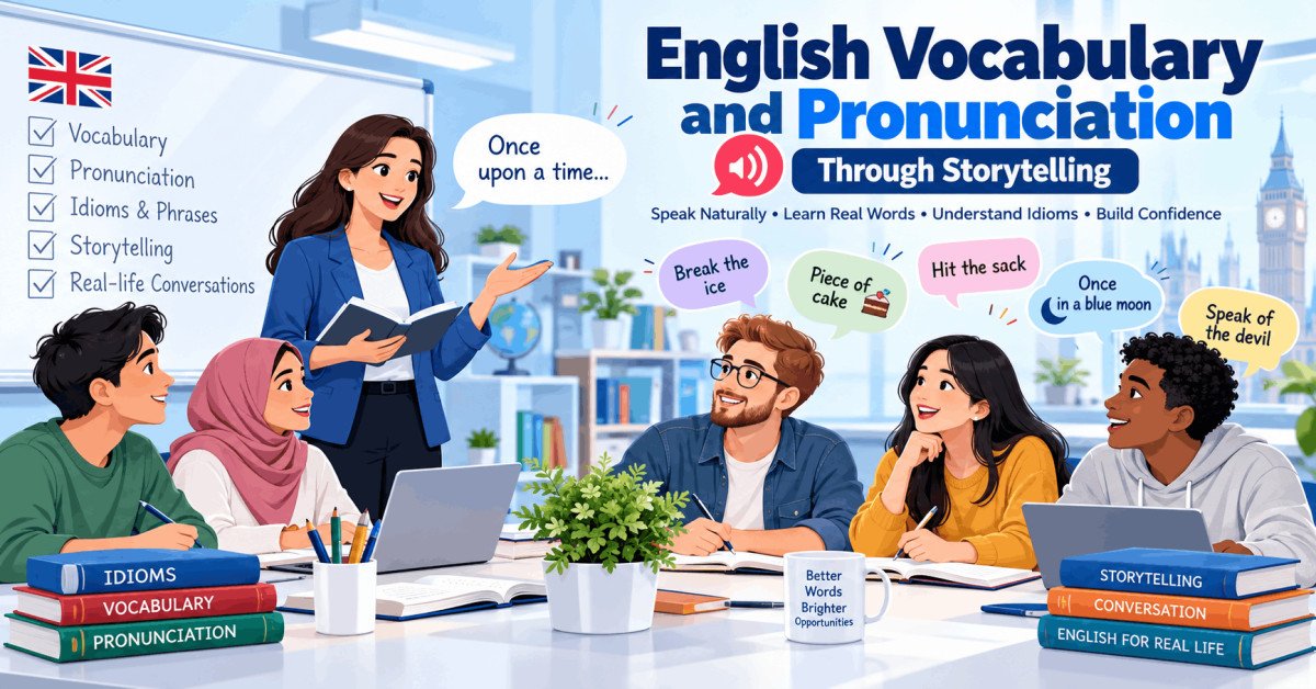 Illustration of students improving English vocabulary and pronunciation through story practice.