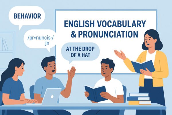 Illustration of students improving English vocabulary and pronunciation through story practice.
