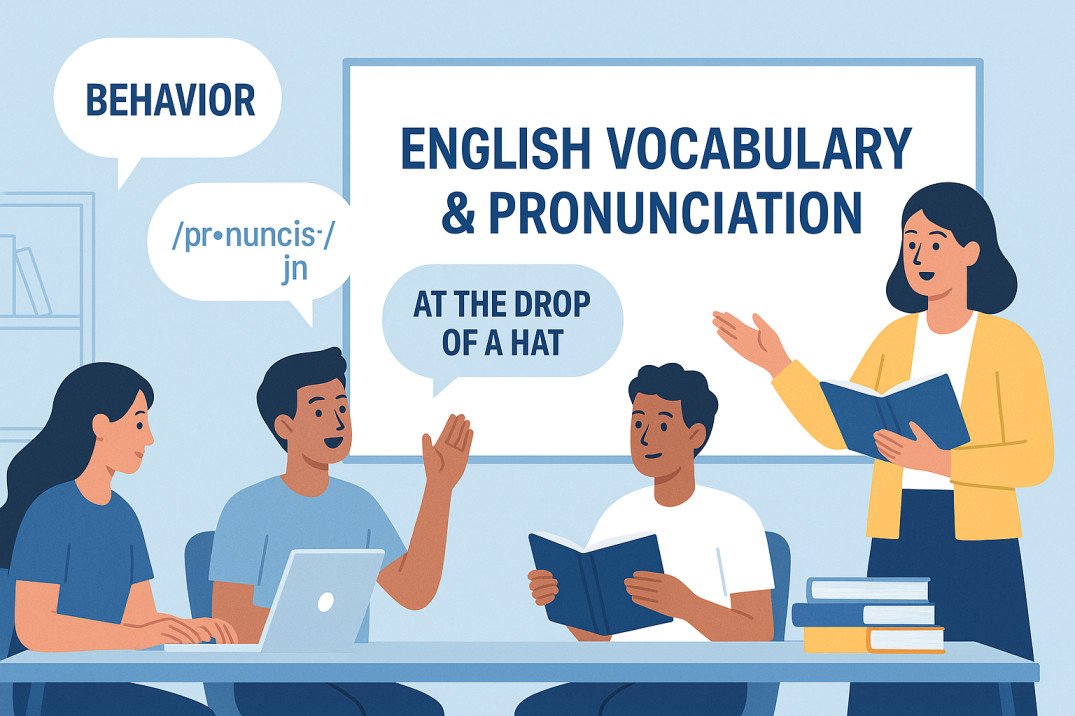 Illustration of students improving English vocabulary and pronunciation through story practice.