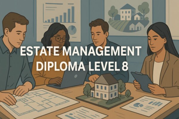 Students learning estate management with property plans and finance charts, Estate Management Diploma Level 8