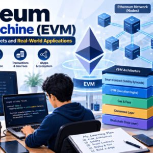 Illustration of Ethereum Virtual Machine with blockchain nodes, smart contracts, and architecture layers.