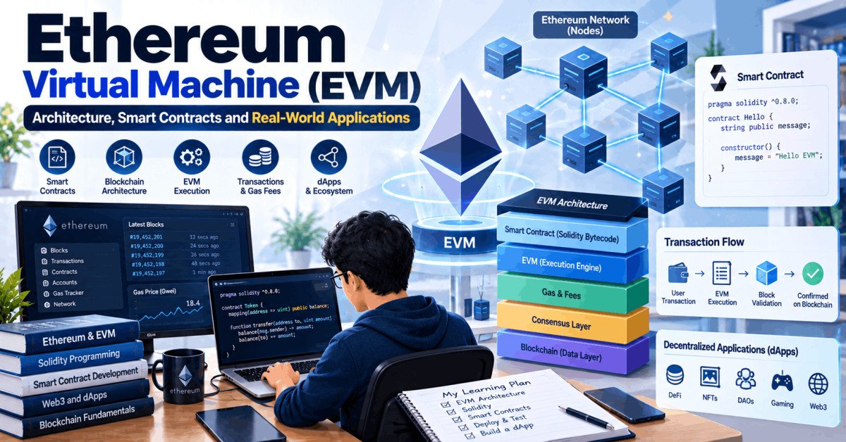Illustration of Ethereum Virtual Machine with blockchain nodes, smart contracts, and architecture layers.