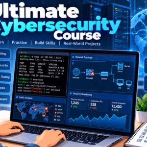 Student learning ethical hacking with Linux, Wireshark, and Nmap tools on a laptop screen. Ethical hacking course illustration.