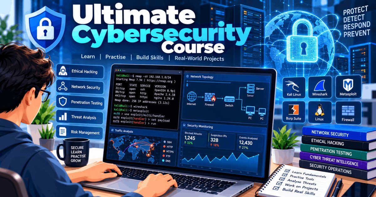 Student learning ethical hacking with Linux, Wireshark, and Nmap tools on a laptop screen. Ethical hacking course illustration.