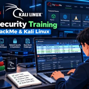 Ethical hacking with TryHackMe and Kali Linux course illustration showing hacking tools and labs.