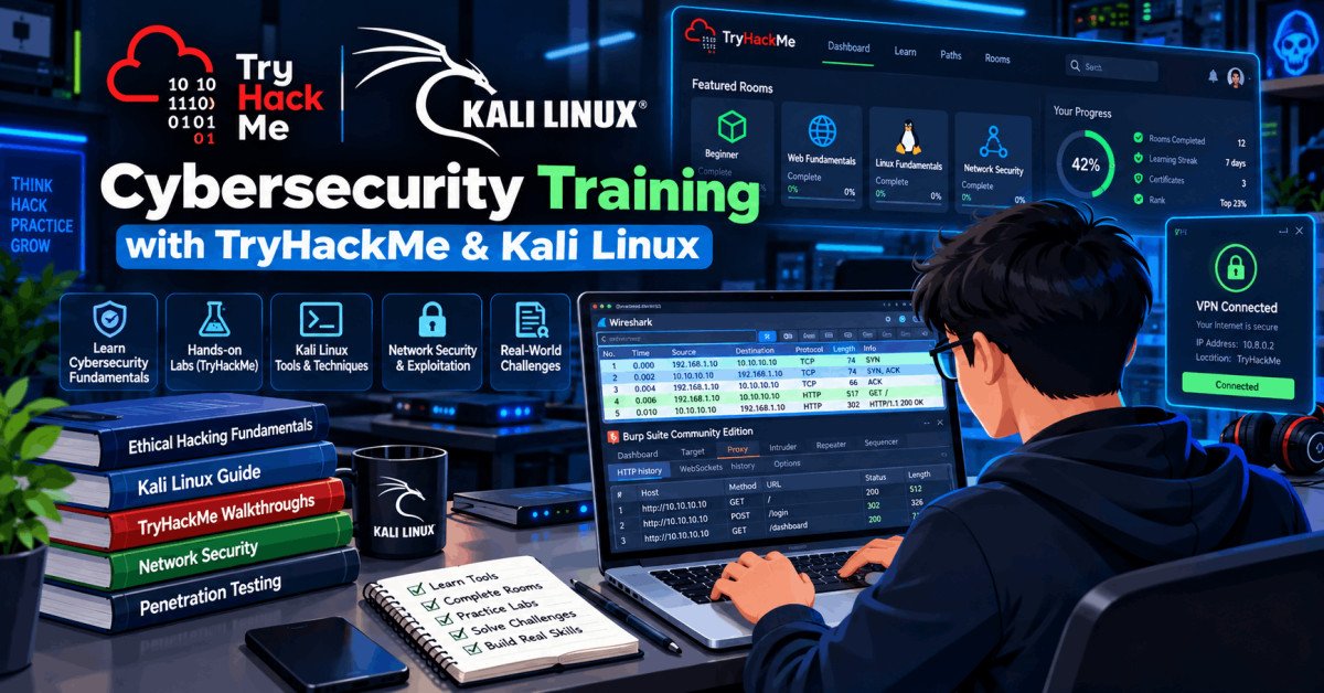 Ethical hacking with TryHackMe and Kali Linux course illustration showing hacking tools and labs.