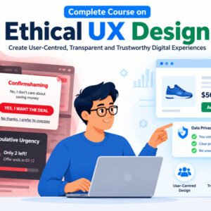 Illustration of ethical UX design showing good vs dark patterns in user interface screens.