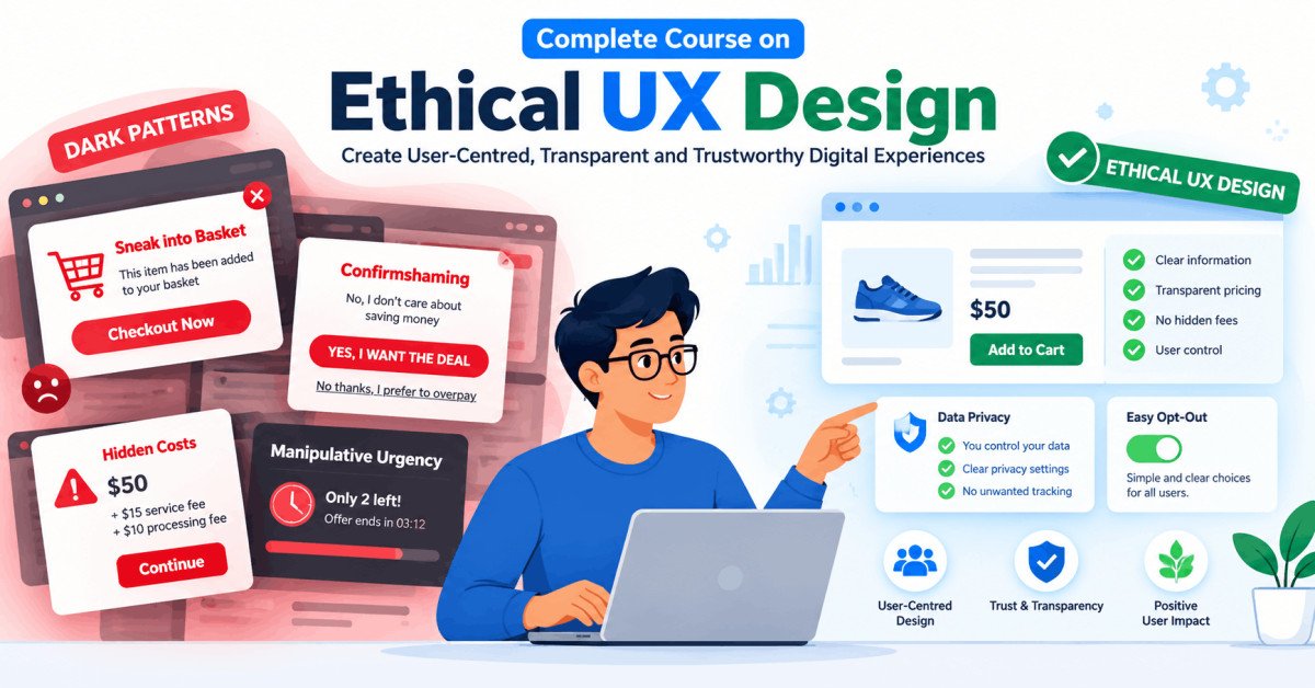 Illustration of ethical UX design showing good vs dark patterns in user interface screens.