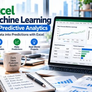 Professional workspace showing Excel Machine Learning predictive analytics with regression models and charts