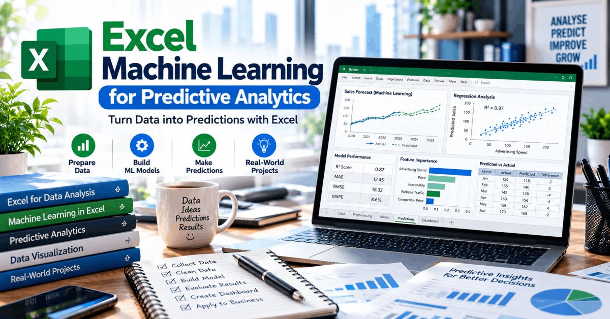 Professional workspace showing Excel Machine Learning predictive analytics with regression models and charts