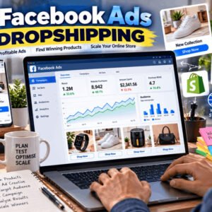 Professional designing Facebook Ads for dropshipping campaigns on laptop with charts and creative visuals