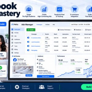 Facebook Ads Marketing masterclass banner showing campaigns, targeting, and ad creatives for business growth.