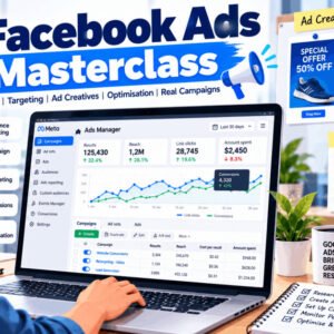 Facebook Ads Masterclass showing ad setup, targeting, and creatives for beginners to experts