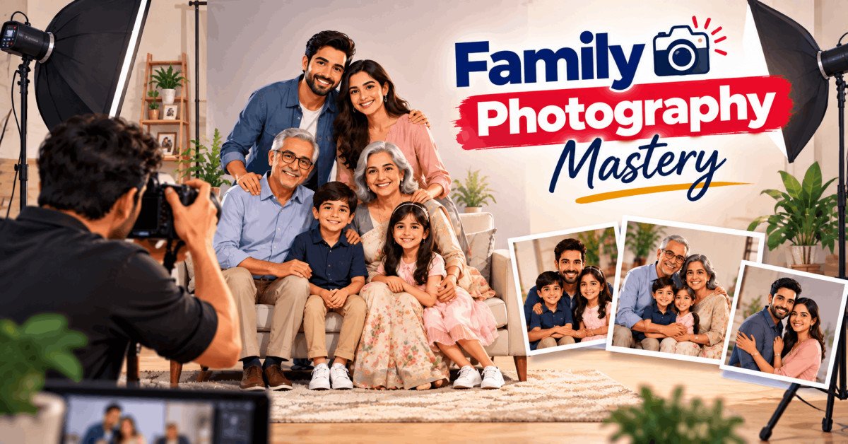 Family posing photography with parents, children, and couples during live professional photography sessions.
