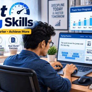 Digital illustration of fast typing skills training with keyboard and student practice.