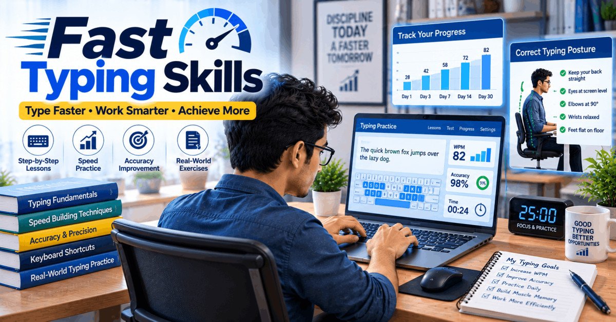 Digital illustration of fast typing skills training with keyboard and student practice.