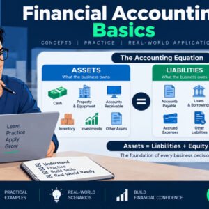 Illustration of financial accounting basics showing assets, liabilities, and the accounting equation on a balance sheet.